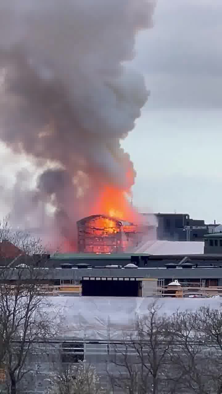 The old Børsen (stock exchange) building in Copenhagen which was under restoration has gone up in flames just now