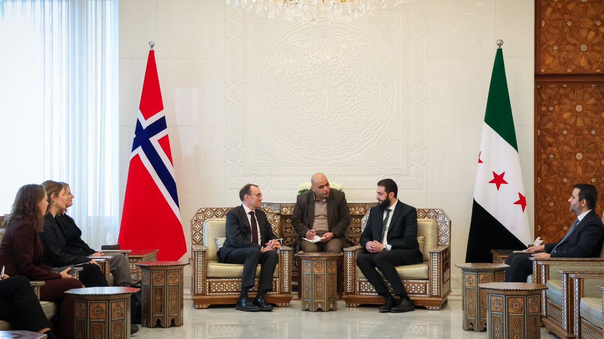 Syria's de facto leader Ahmed al-Sharaa and Foreign Minister Asaad Hassan al-Shaibani received a Norwegian delegation led by Foreign Minister Espen Barth Eide in Damascus: SANA