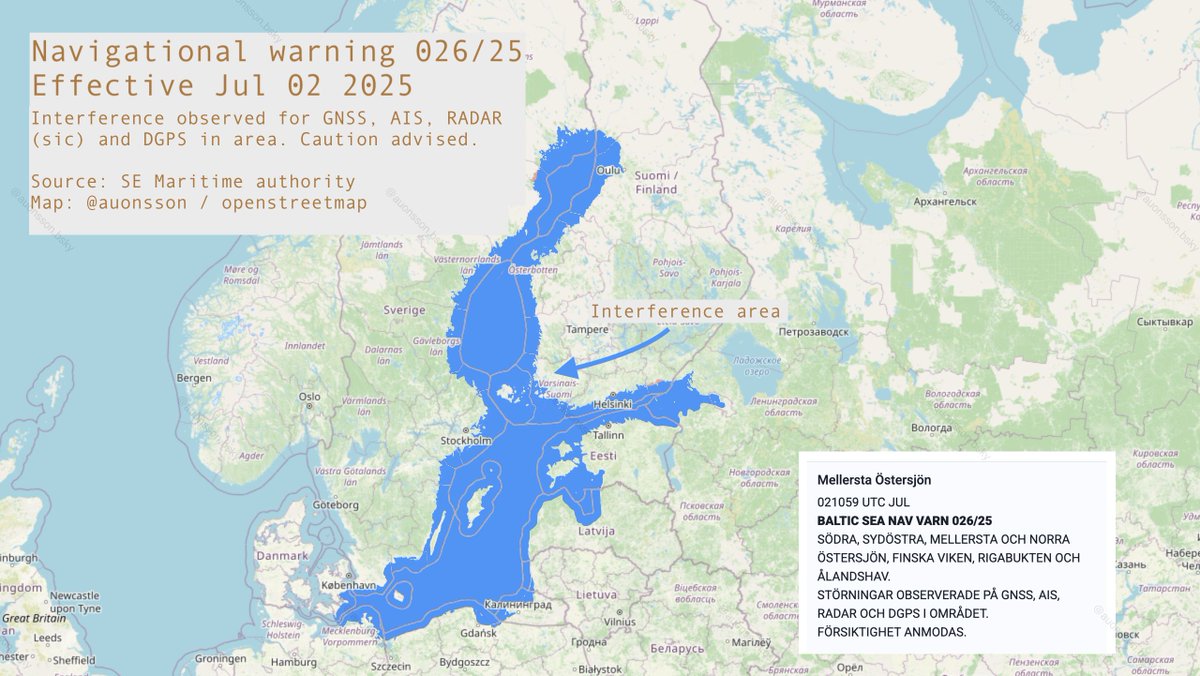 Swedish maritime authority just posted maybe their most extensive interference warning to date.  Even radar is now seeing interference, besides more familiar GNSS, AIS and DGPS.  Radar is the single most important navigational aid on ships, particularly in cases of lost GPS/GNSS