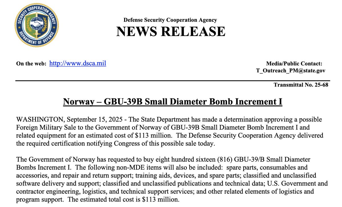 State Dept approves $113m arms sale to Norway. Washington moves to bolster security of key NATO ally with sale of 816 smart bombs to Oslo