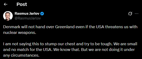 Danish MP Rasmus Jarlov:  Denmark will not hand over Greenland even if the USA threatens us with nuclear weapons