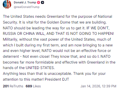 Trump: The United States needs Greenland for the purpose of National Security. It is vital for the Golden Dome that we are building. NATO should be leading the way for us to get it. IF WE DON’T, RUSSIA OR CHINA WILL, AND THAT IS NOT GOING TO HAPPEN! Militarily, without the vast power of the United States, much of which I built during my first term, and am now bringing to a new and even higher level, NATO would not be an effective force or deterrent - Not even close! They know that, and so do I. NATO becomes far more formidable and effective with Greenland in the hands of the UNITED STATES.