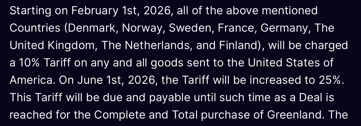 Swedish PM Ulf Kristersson after Trump tariff threat: “We will not let ourselves be blackmailed. Only Denmark and Greenland decide on matters concerning Denmark and Greenland. I will always stand up for my country, and for our allied neighbours. This is an EU matter that affects many more countries than those now being singled out. Sweden is now having intensive discussions with other EU countries, Norway and Great Britain for a collective response.