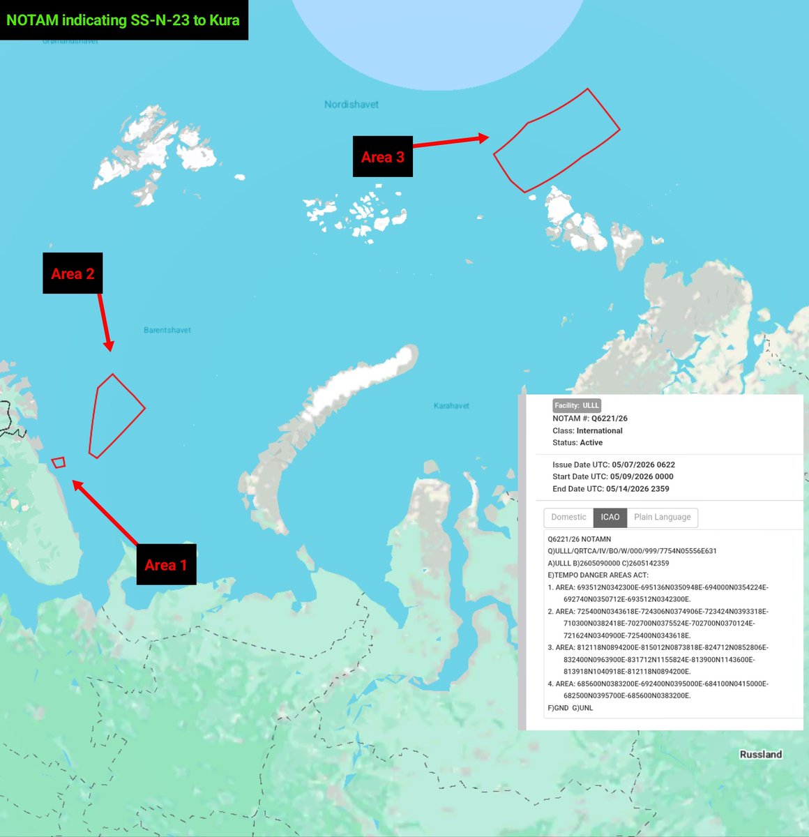 NOTAM published this morning indicates SS-N-23 from the Barents Sea to Kura between the 9th and the 11th. There are several NOTAMs at Kura, matching this one and also expected SARMAT test from Dombarovskiy, with partly overlapping time-frames